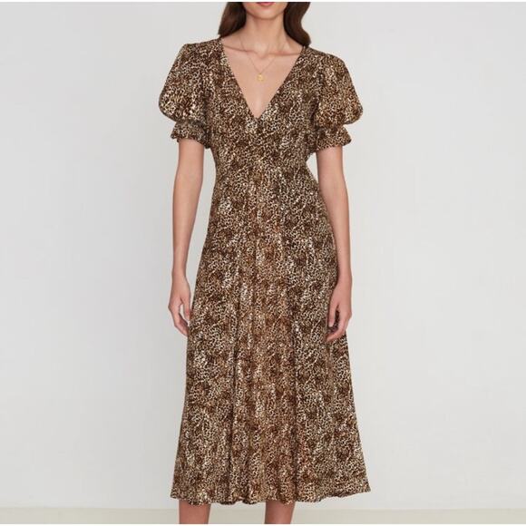 Faithfull The Brand NWT Marie Louise Animal Zebra Print Midi Puff Sleeve Dress - Picture 3 of 12